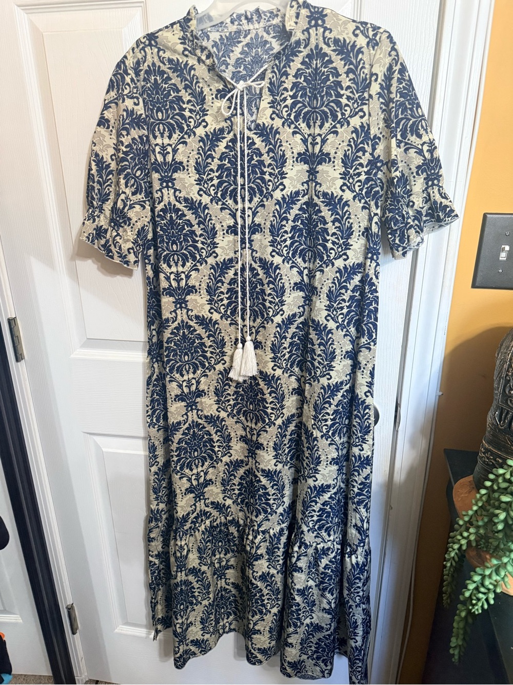 Blue and Cream Printed Midi Dress with Tassel Tie